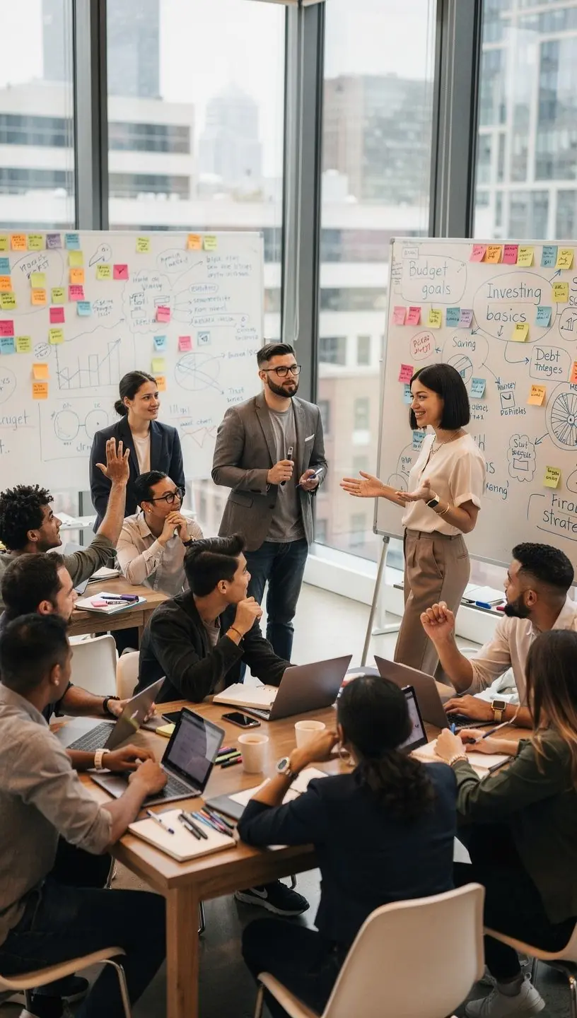 Elégedett ügyfél személyes pénzügyi stratégiát dolgoz ki coach segítségével.