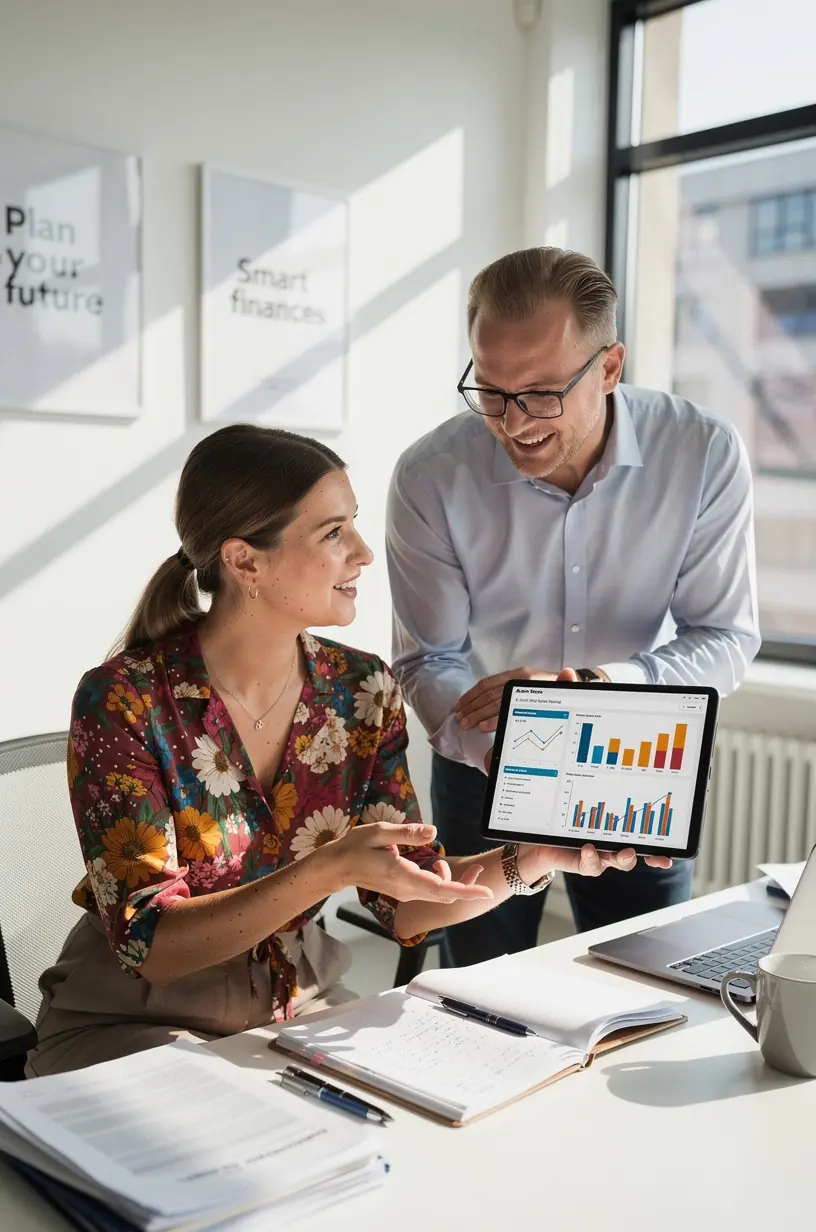 Kézzel írt pénzügyi tervezési napló egy íróasztalon, mellette toll és szemüveg.