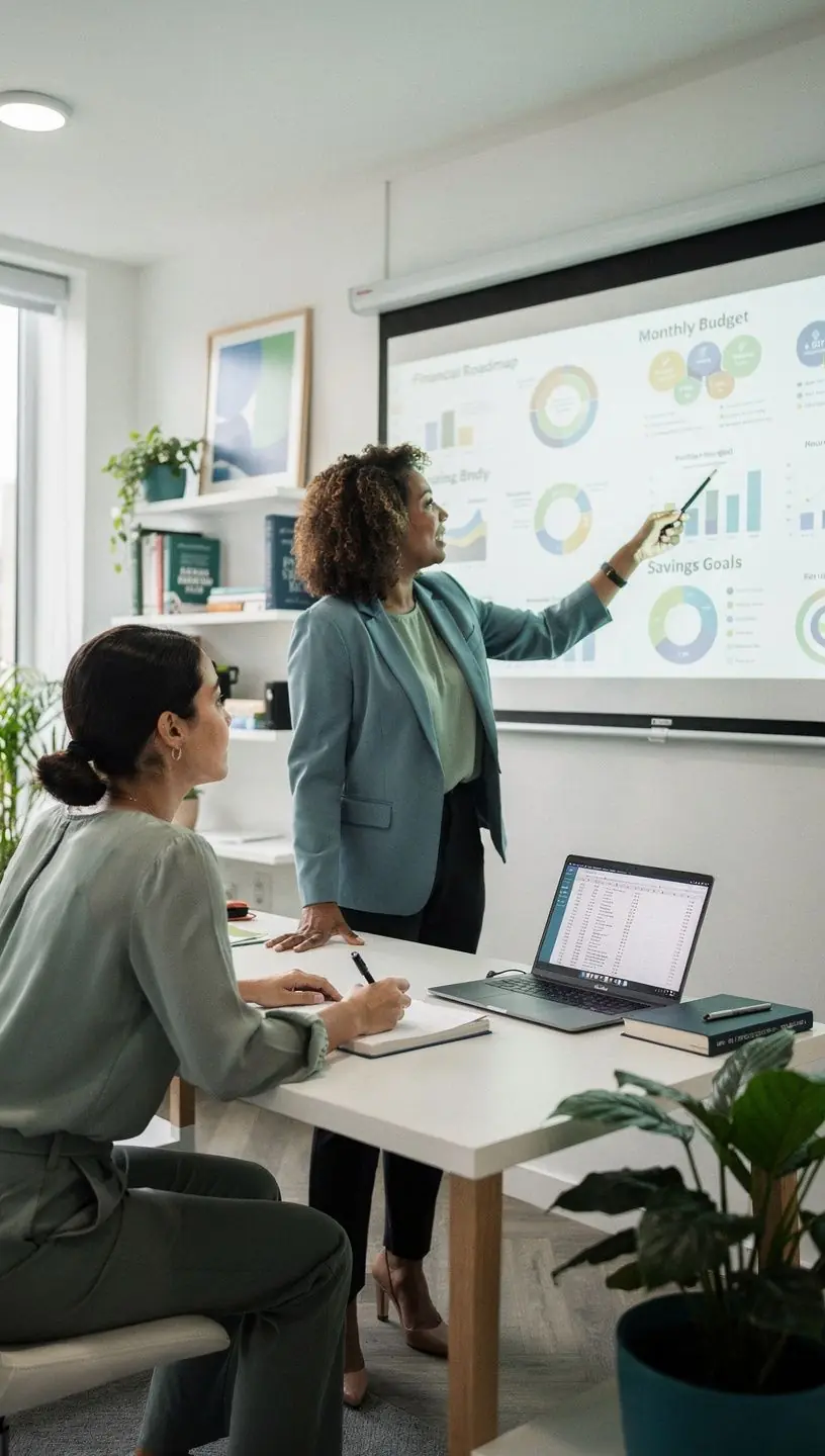 Pénzügyi tanácsadó szakember segít ügyfeleknek személyes költségvetés tervezésében.